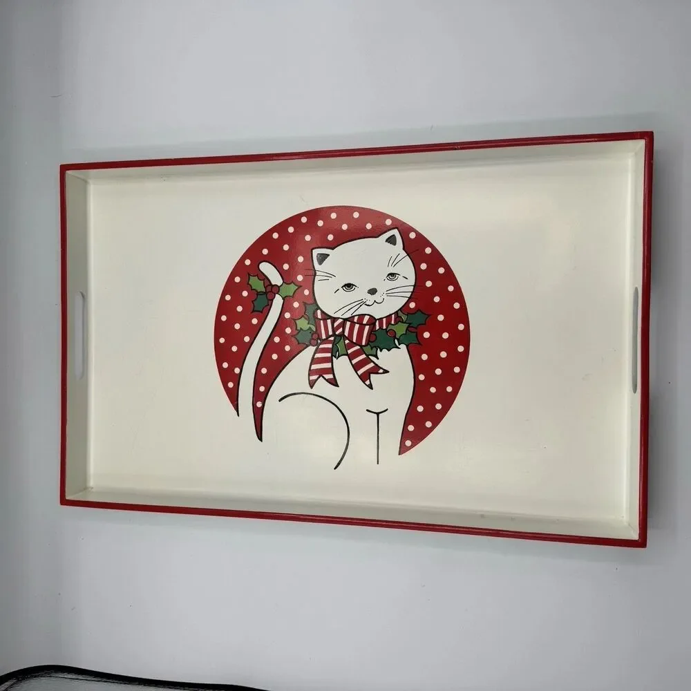Vintage Cooks Bazar Christmas Kitty Serving Tray Japan